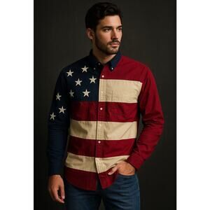 Tommy Hilfiger Flag Shirt Mens L USA Patriotic Button Down Stars Stripes Vintage